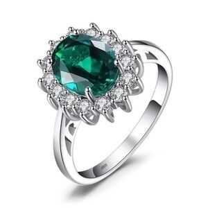 925 Sterling Silver Simulated Green Emerald Engagement Ring